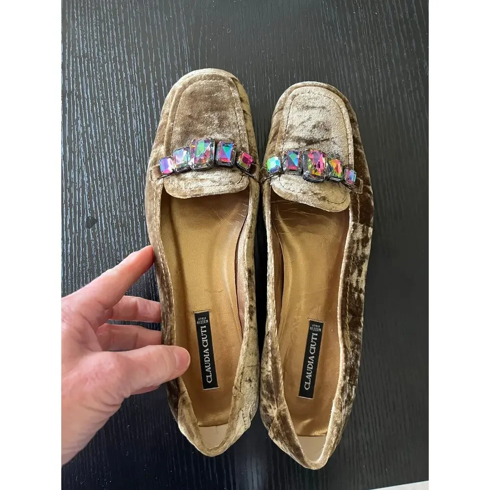 Stunning Claudia Ciuti Velvet Loafers with Faux Alexandrite Jeweled Accents